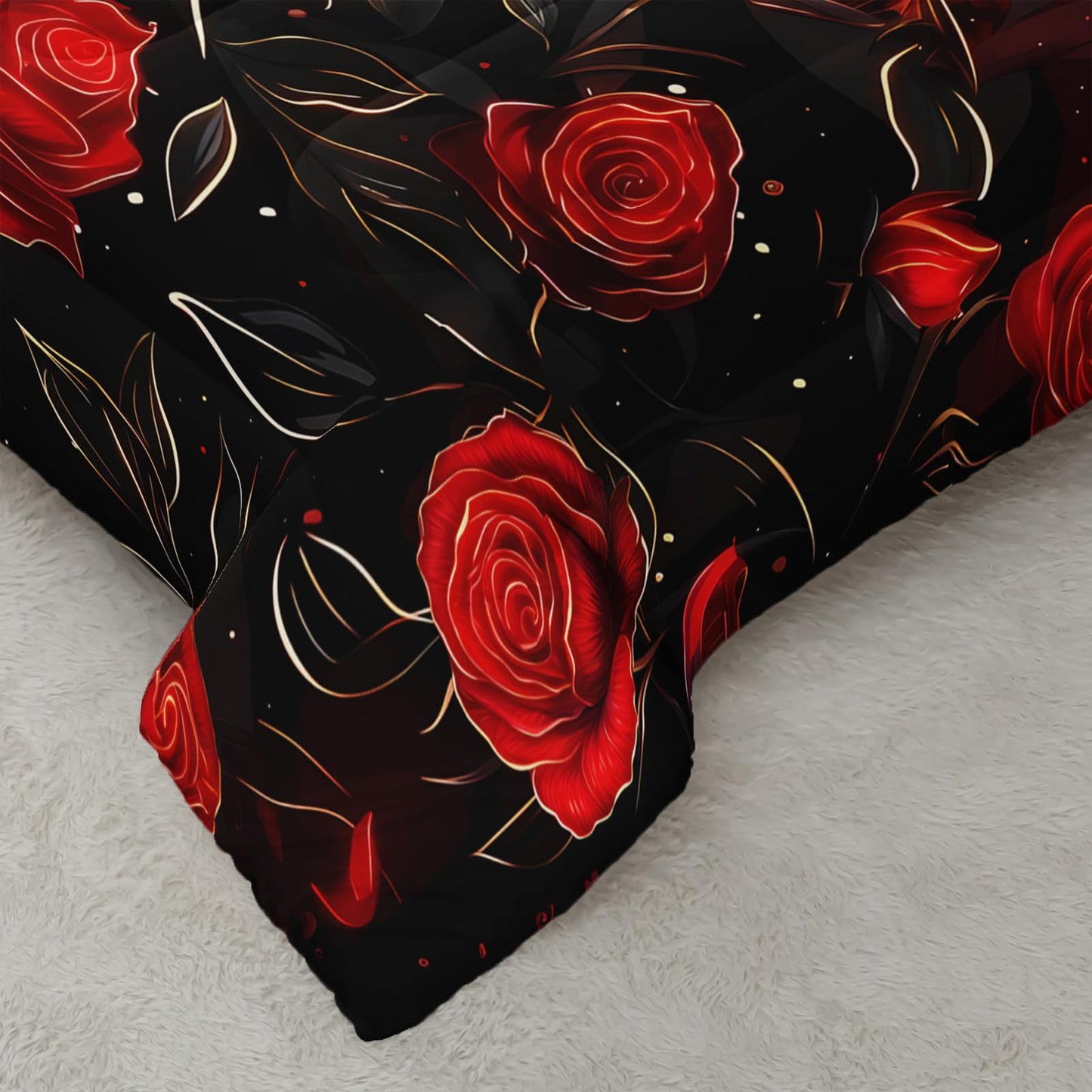AILONEN Crimson Rose Twin Comforter Set 3 Piece, Black Floral Bedding, Gold Vine Dark Garden Print, Dorm Bedroom, 2 Pillowcases
