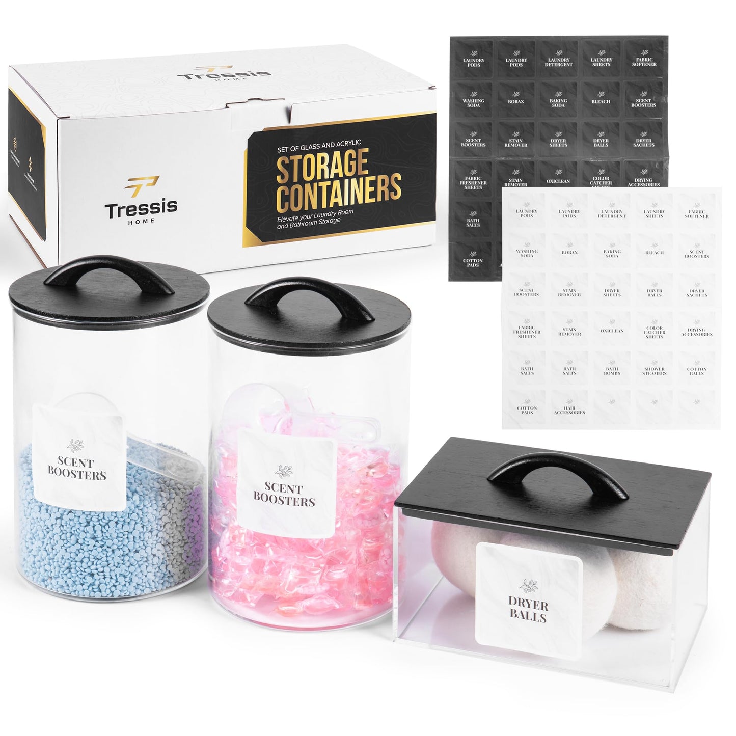 Laundry Pod Storage Container Set | Two 3L Glass Jars & One Acrylic Dryer Sheet Container with Bamboo Lids – Includes 2 Scoops, 60 Waterproof Laundry Labels – Dishwasher Safe