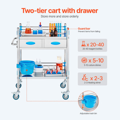 VEVOR Stainless Steel Utility Cart, 2 Layers with Two Lockable Wheels, Ideal for Laboratory, Hospital, Dental Use