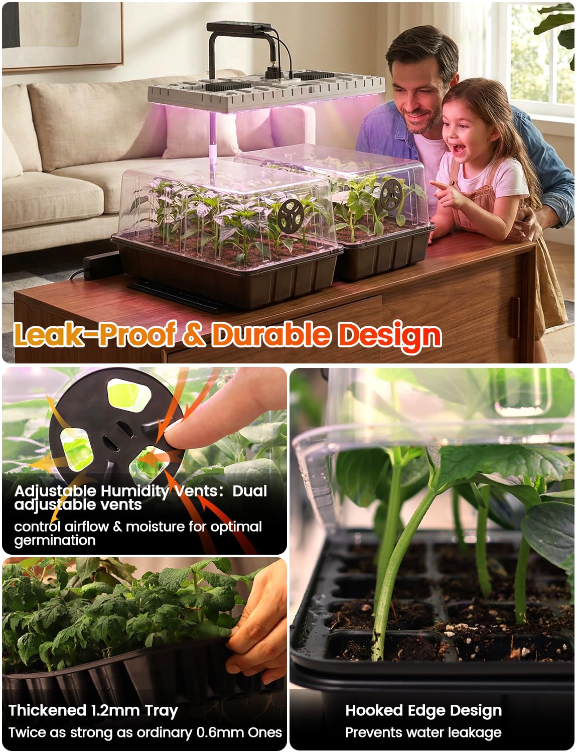 MetryGrow 48W Full Spectrum LED Grow Light Seed Starter Kit, 80-Cell Tray with 30W Heating Mat & Adjustable Dome, Waterproof Germination System for Healthy Indoor Seedlings