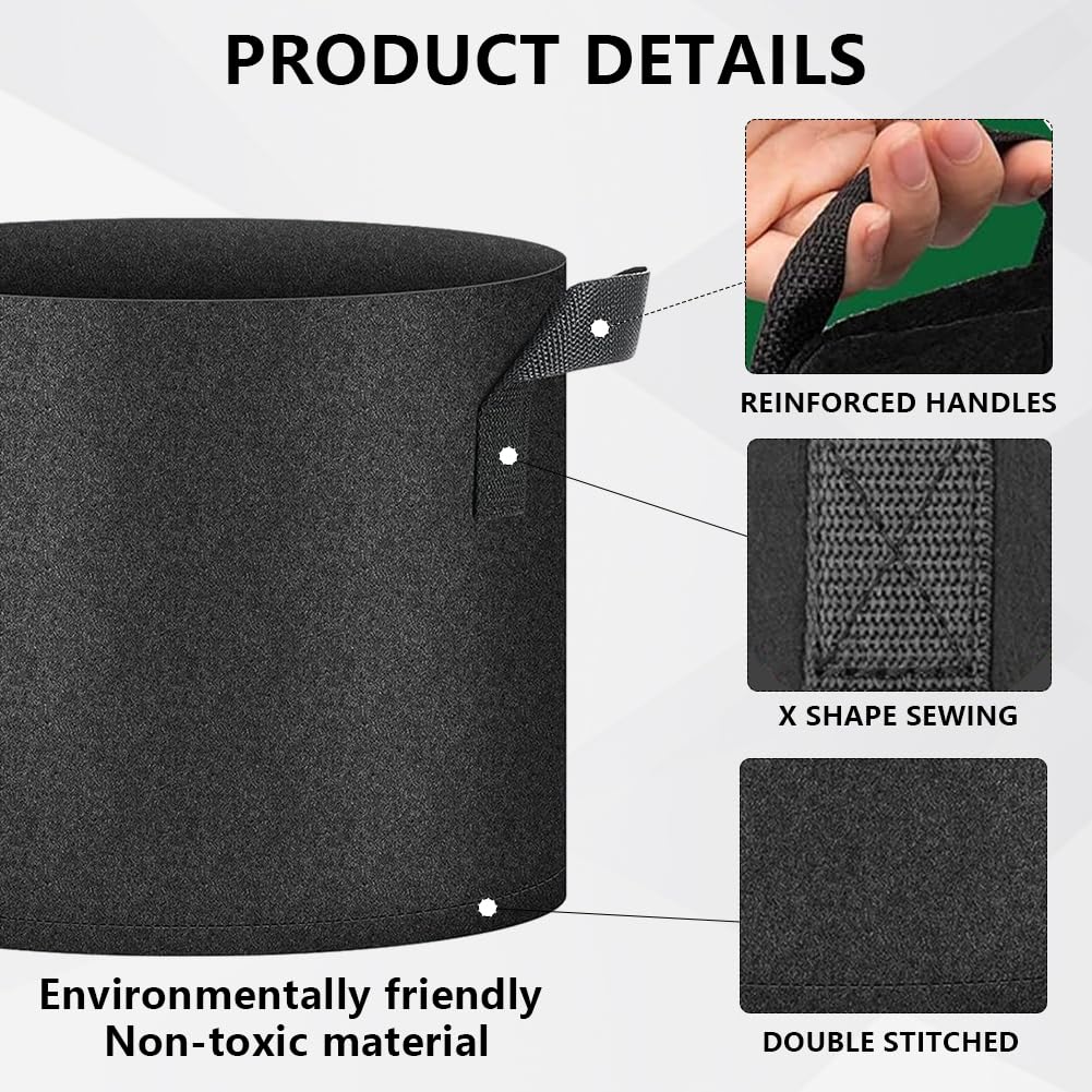 Ukontagood 50 Pack Grow Bags, Black Heavy Duty Fabric Pots Nonwoven Potato Grow Bags with Sturdy Handles & Reinforced Stitching, Breathable Vegetable Flower Plant Growing Containers Bags (10 Gallon)