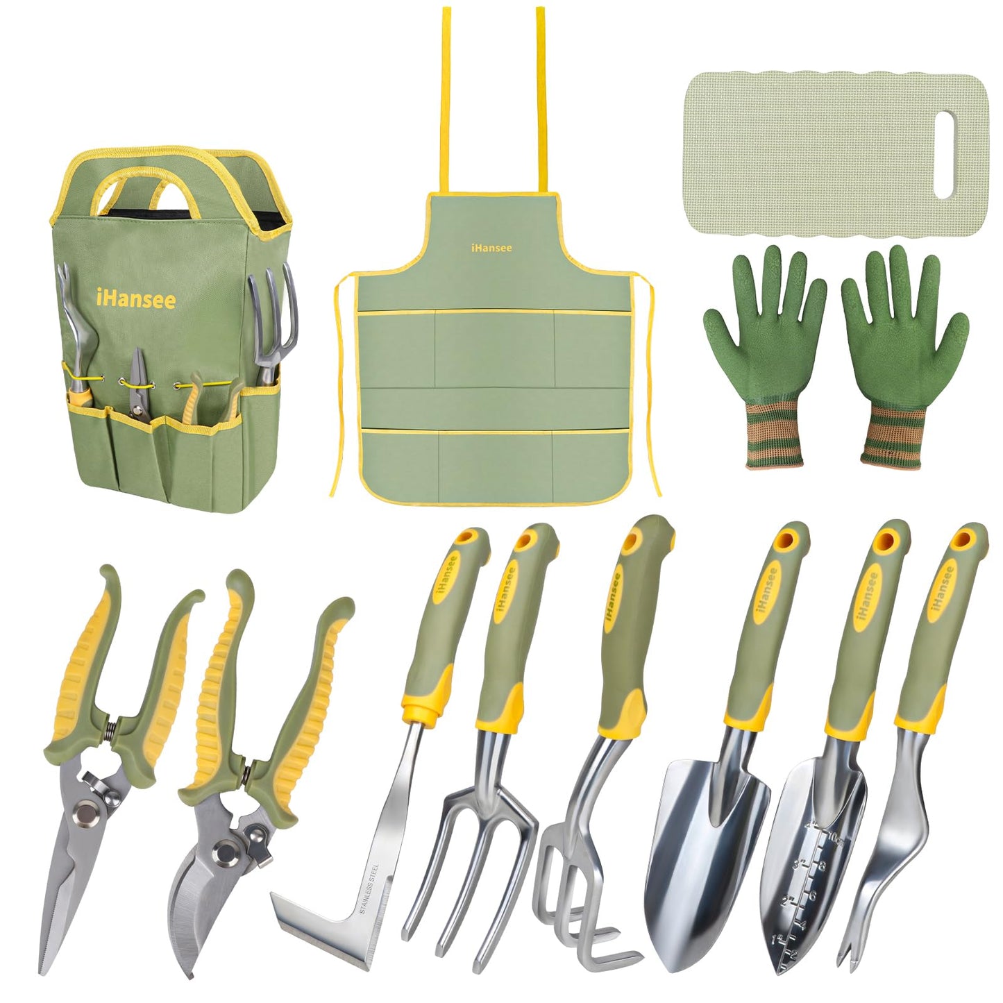 Set of 12 Garden Tool, iHansee Heavy-Duty Aluminum Gardening Hand Tools with Rubber Non-Slip Handle, Garden Apron, Gloves, Kneeling Pad and Storage Bag, Garden Hand Tools Starter Kit Landscaping Tools
