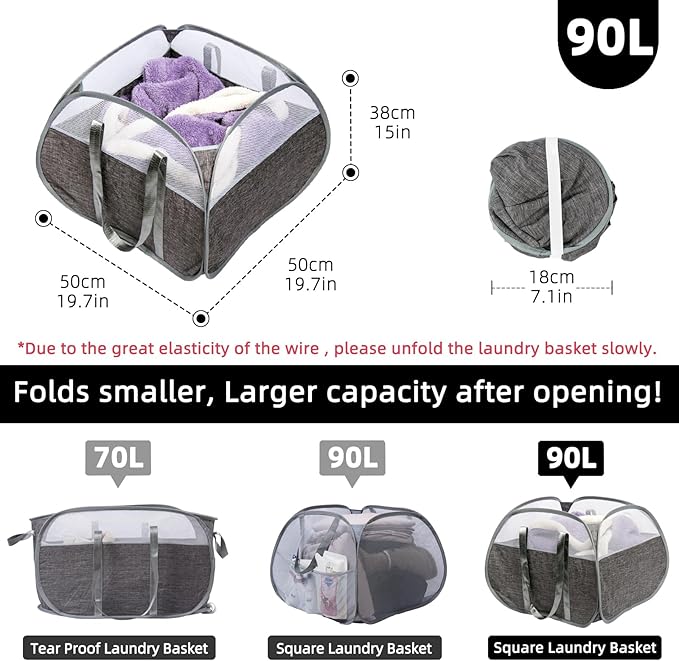 Collapsible Laundry Basket, 90L Foldable Pop-up Laundry Hamper