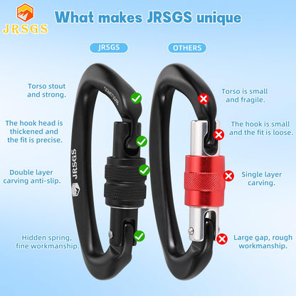 JRSGS 25KN Locking Climbing Carabiner Clips, UlAA Certified Rock Climbing Carabiner,Heavy Duty Carabiners Equipment,Large Size Carabiner for Climbing, Rappelling,Hunting and Rescue