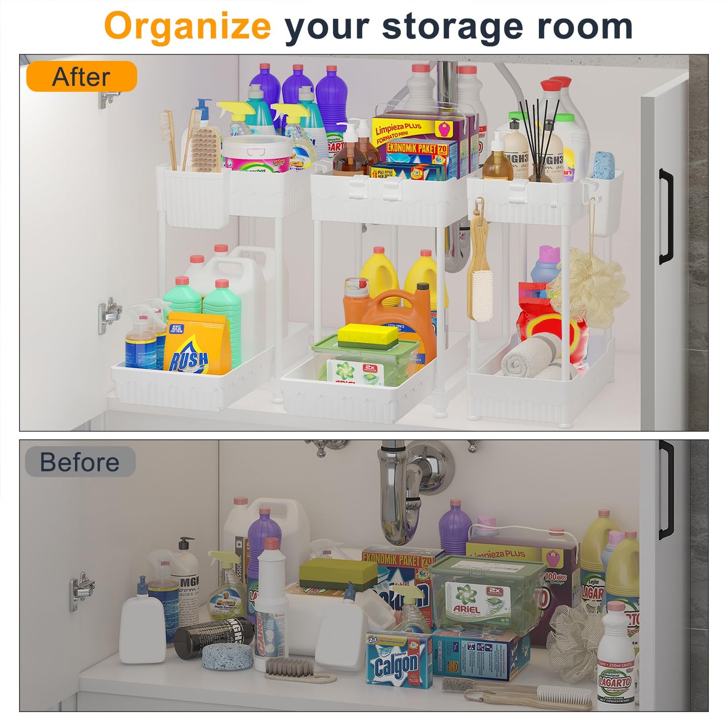 3 Pack Under Sink Organizers, 2-Tier Multi-Use Kitchen and Bathroom Organizers and Storage with Sliding Drawers，Bathroom Cabinet Organizer (Black, 12.8 Inch)