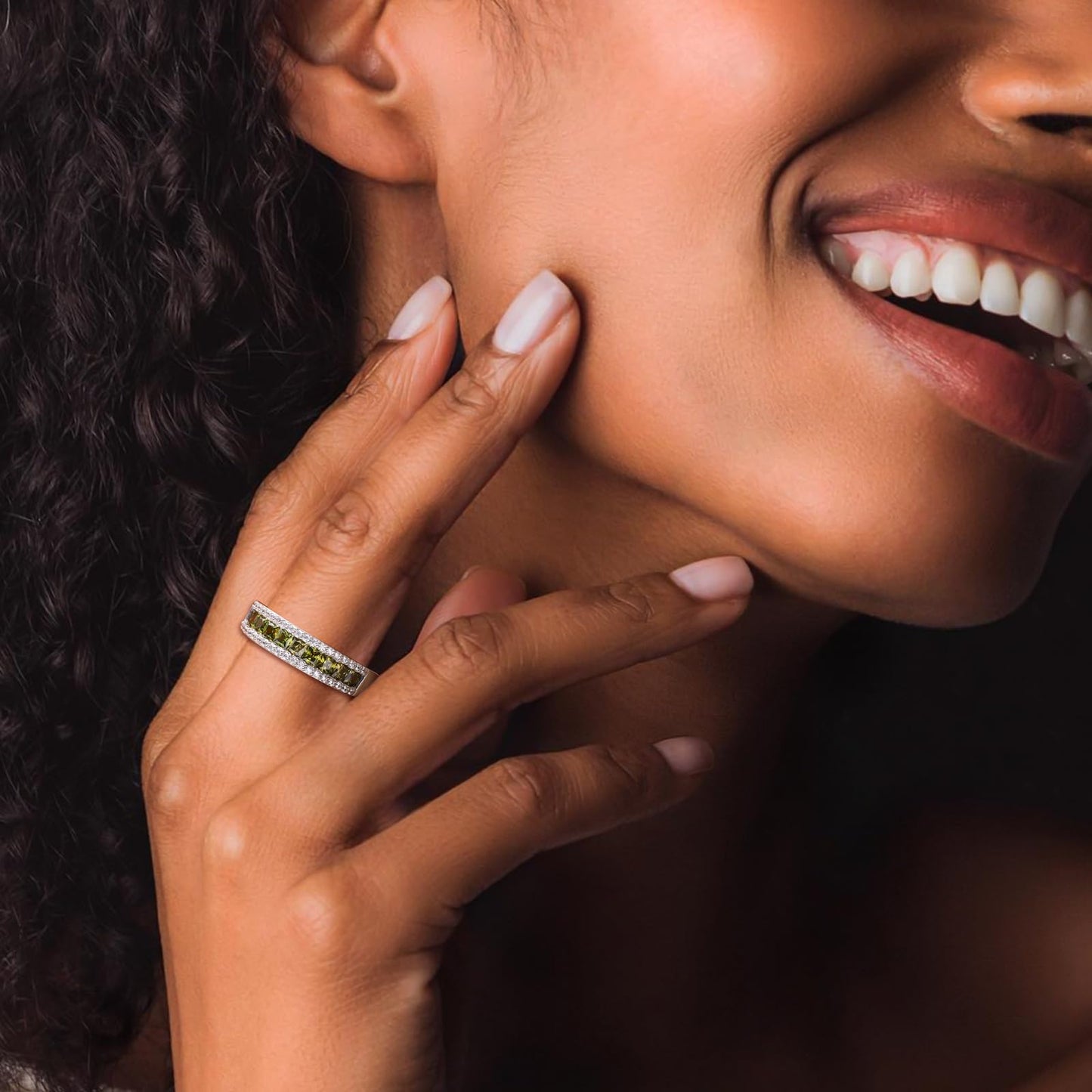 RANDES Peridot Rings for Women Eternity Band 925 Sterling Silver Channel Set Princess Cut Wedding Band August Birthstone Ring Size 6
