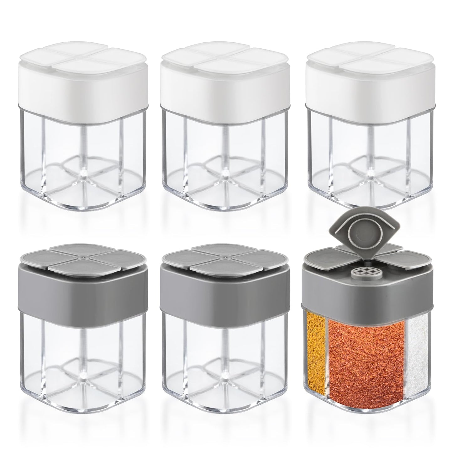 6 Pcs Plastic Salt Pepper Shaker 4 in 1 Spice Container Transparent Seasoning Shaker Dispenser Jar for Home Restaurant Kitchen Cooking Steak BBQ Camping Travel