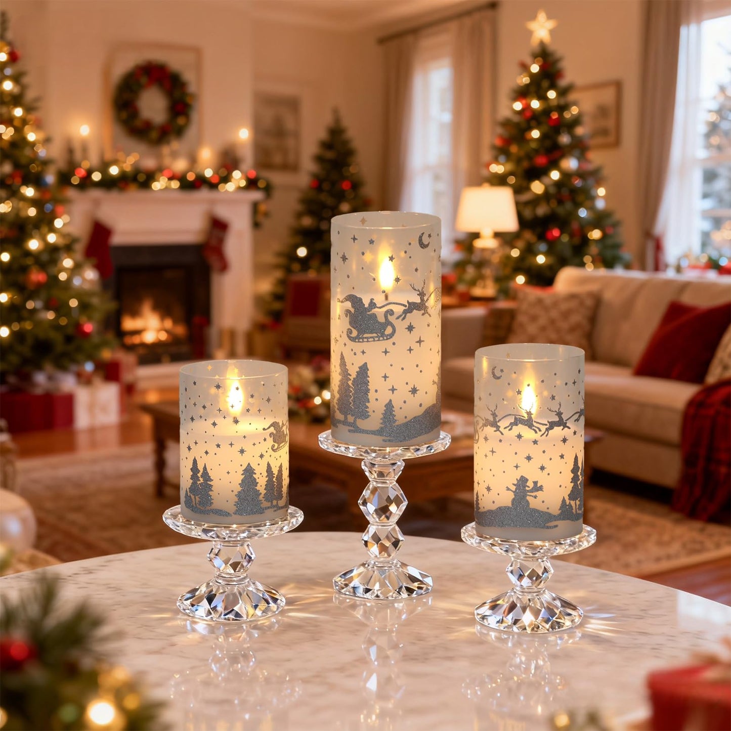 DRomance Reindeer Glass Flameless Candles Battery Operated with Remote and Timer Real Wax Silver Glitter 3D Wick LED Flickering Candles Warm Light Indoor Christmas Holiday Decor 3" D x 4", 5", 6" H