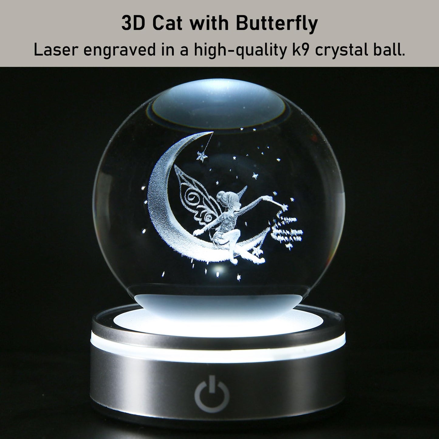Goutangen 3D Crystal Ball Moon Decor Light Fairy Gifts for Women Girls Fairy Lovers, Laser Engraved Glass Sphere Fairy Figurine for Adults on Birthday Christmas - 80mm