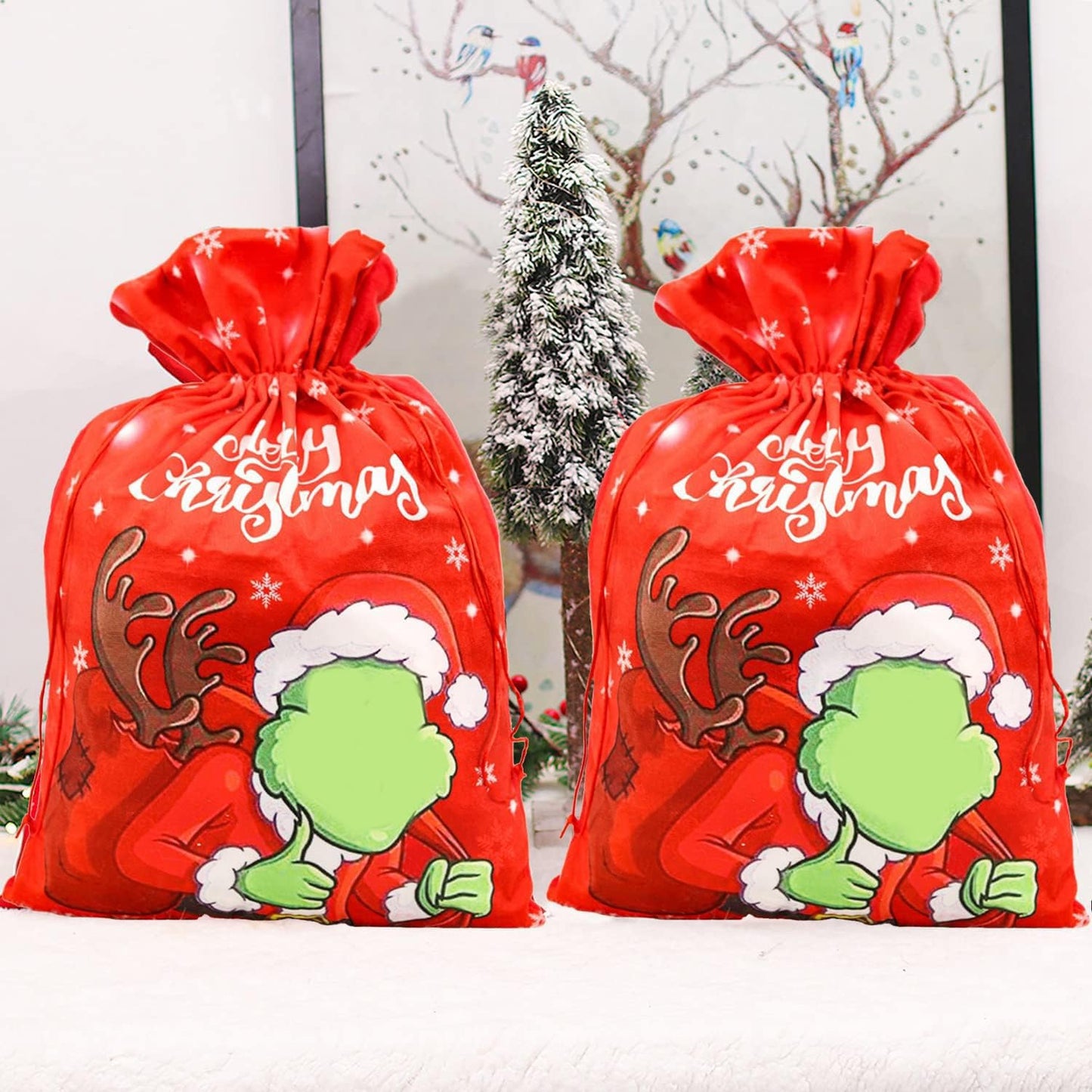 Adurself 2 Pack Christmas Santa Sack Large Canvas Gift Bag 21.6 x 14.6 Inch Reusable Christmas Santa Drawstring Gift Bag for Xmas Package Storage Holiday Party Supplies Favors