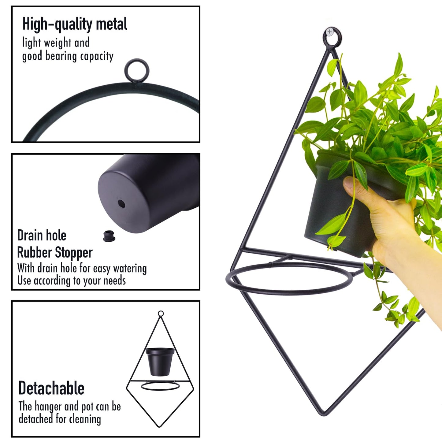 HemePaha Geometric Wall Planters for Indoor Plants Set of 3 Black Metal Wall Mounted Plant Holder (Diamond & Oval & Round Shapes) with 5 Inch Flower Pots, Modern Hanging Planters for Indoor Decor