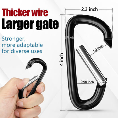 sprookber 4" Heavy Duty Aluminum Carabiners, Large D-Ring Clips, Spring Snap Hooks for Camping, Hiking, Keychain, Dog Leash (Set of 4, Black)