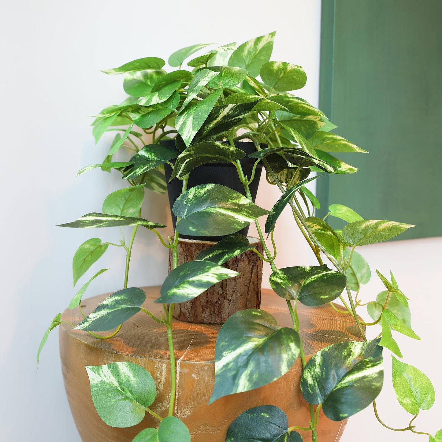 Fake Pothos Hanging Plants - 33" Set of 2 Artificial Silk Ivy Vines with Pots, Realistic Faux Greenery for Indoor Home Office Bathroom Decor, Low Maintenance Hanging Plant Decoration - Golden Green