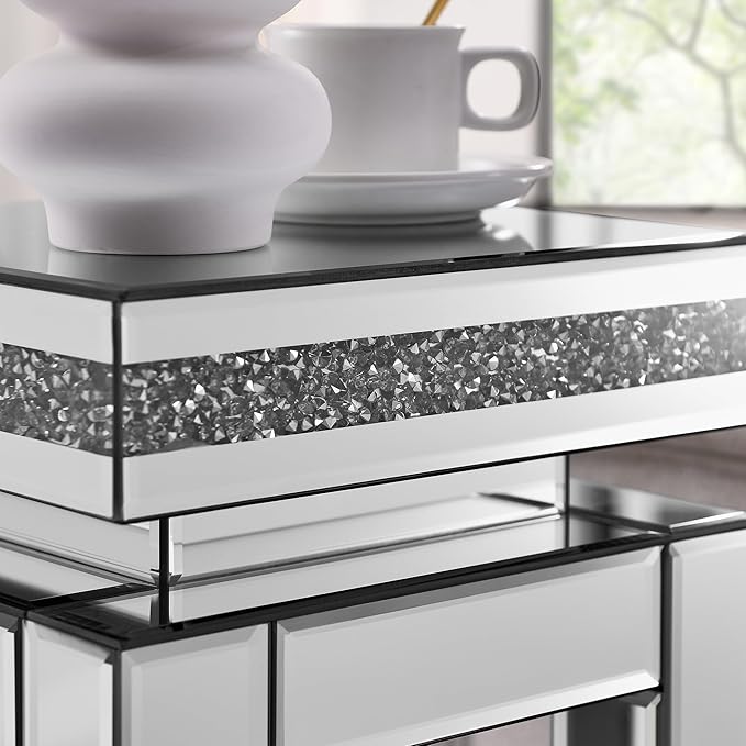 Mirrored End Table Square with Crystals, 2-Tier Modern Small Sofa Table with