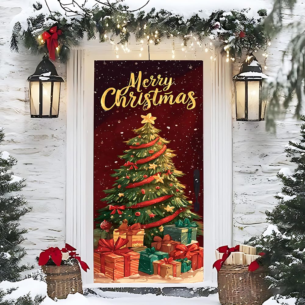 WDESYADMS 1PC Christmas Tree Door Sticker 30.3x78.7 Inch Self Adhesive PVC Peel and Stick Holiday Door Mural with Gift Boxes for Home Living Room Office Entrance Wall Art Decoration