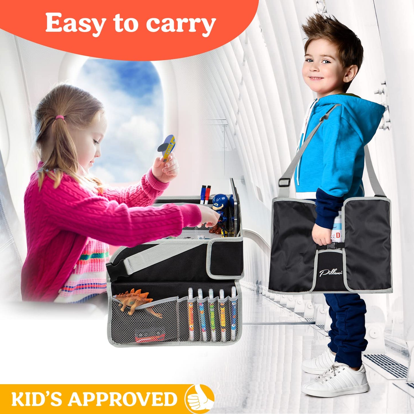 PILLANI Kids Travel Tray for Car - Car Seat Tray & Lap Desk Organizer for Kids Travel, Road Trip Activities & Airplane Essentials - Portable & Easy to Store