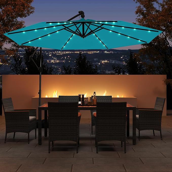 Tangkula 10ft Solar LED Patio Umbrella with Base, Offset Cantilever Outdoor Umbrella with 32 LED Lights, Infinite Tilt, 360 Degree Rotation, Crank Handle for Pool Deck Garden Backyard (Turquoise)
