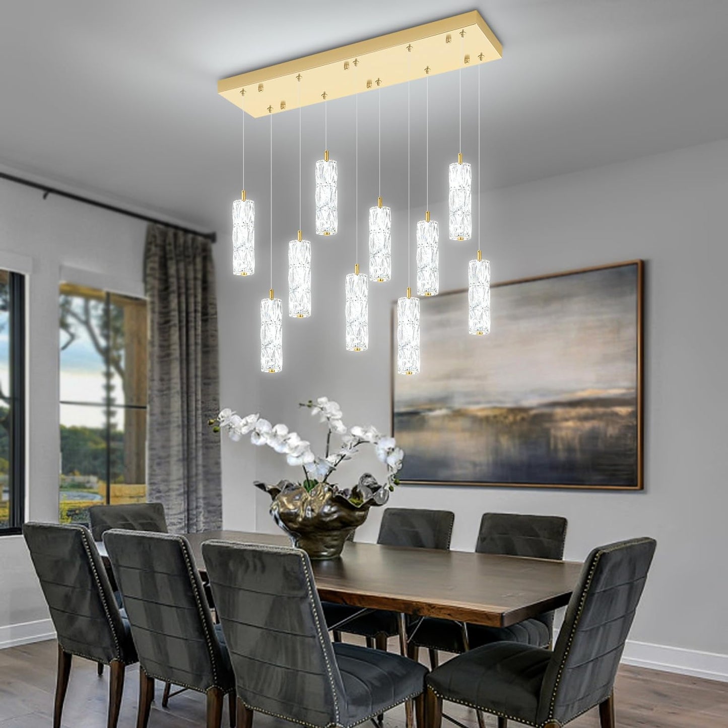 ykolupty Modern Crystal Chandelier 10-Lights Rectangle Pendant Light LED Dimmable Gold Linear Chandelier Flush Mount Crystal Pendant Light for Living Room Dining Room Foyer