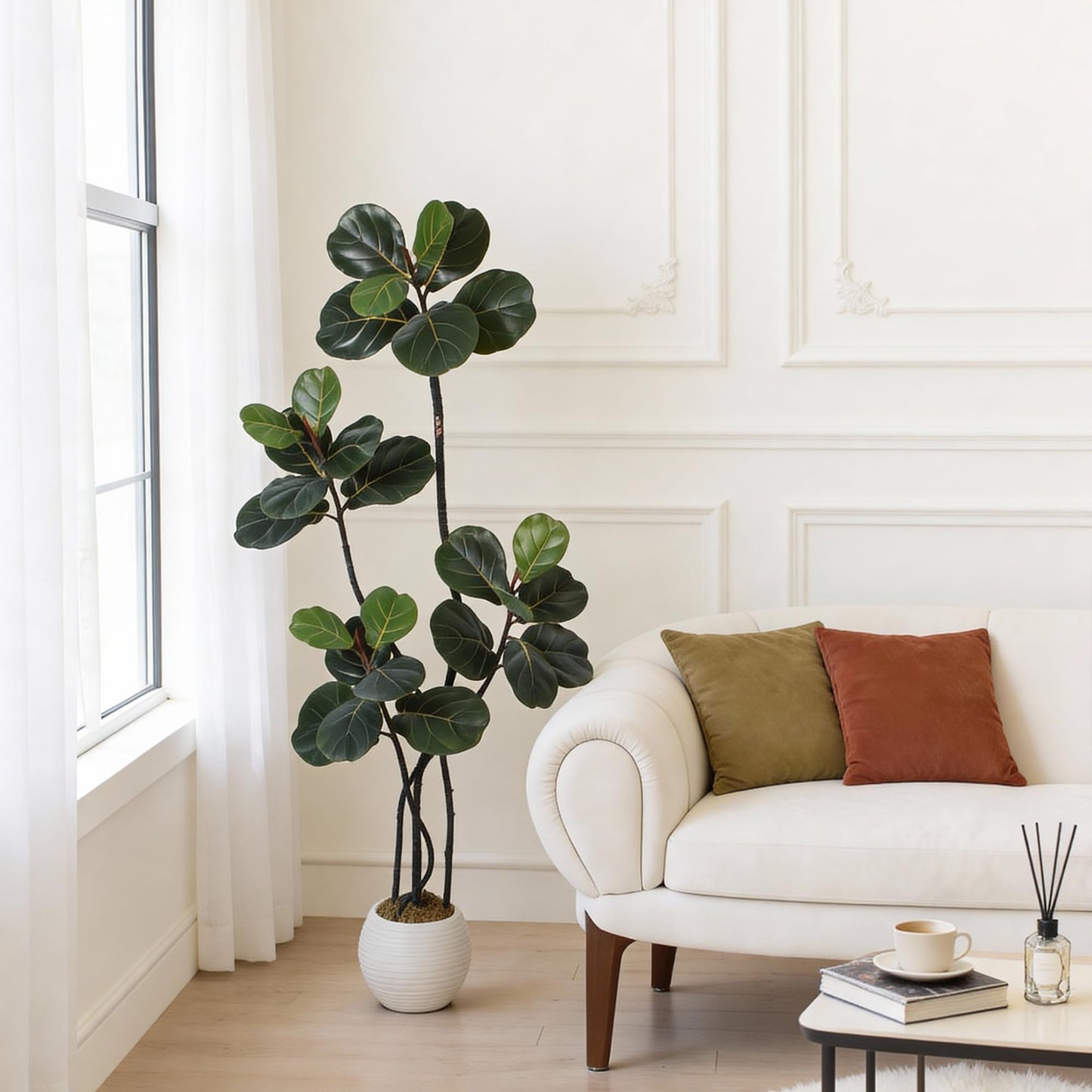 GarveeHome 5FT Artificial Ficus Lyrata Tree, Bendable Boughs, Modern White Pot Included, Perfect for Home Office Living Room Decor Indoor, Tall Artificial Tree for Housewarming Gift