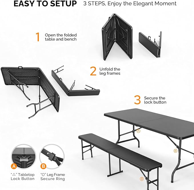 VINGLI Picnic Table Set with 2 Benches, 6 Feet Camping Table Chair Set