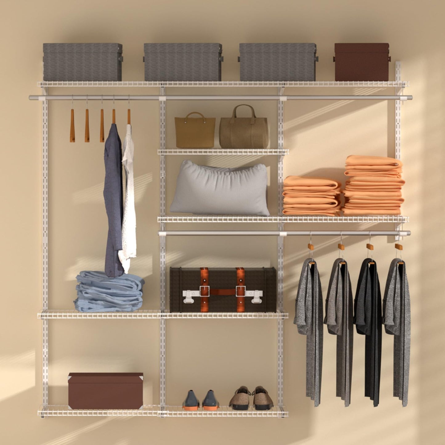 Homde Closet Organizer System Wall Mounted, 4-8 Ft. Adjustable and Expandable Metal Wire Shelving, Custom DIY Wardrobe Kit with Shelf, Clothes Hanging Rods, for Home Closet Laundry Mudroom