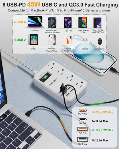 6 USB(2 USB C) Purple Travel Power Strip- 5Ft Lavender Extension Cord with 24W USB Charging Station and 4 Outlets, Purple Desk Accessories with Surge Protector for Cute Kawaii Office Dorm Room