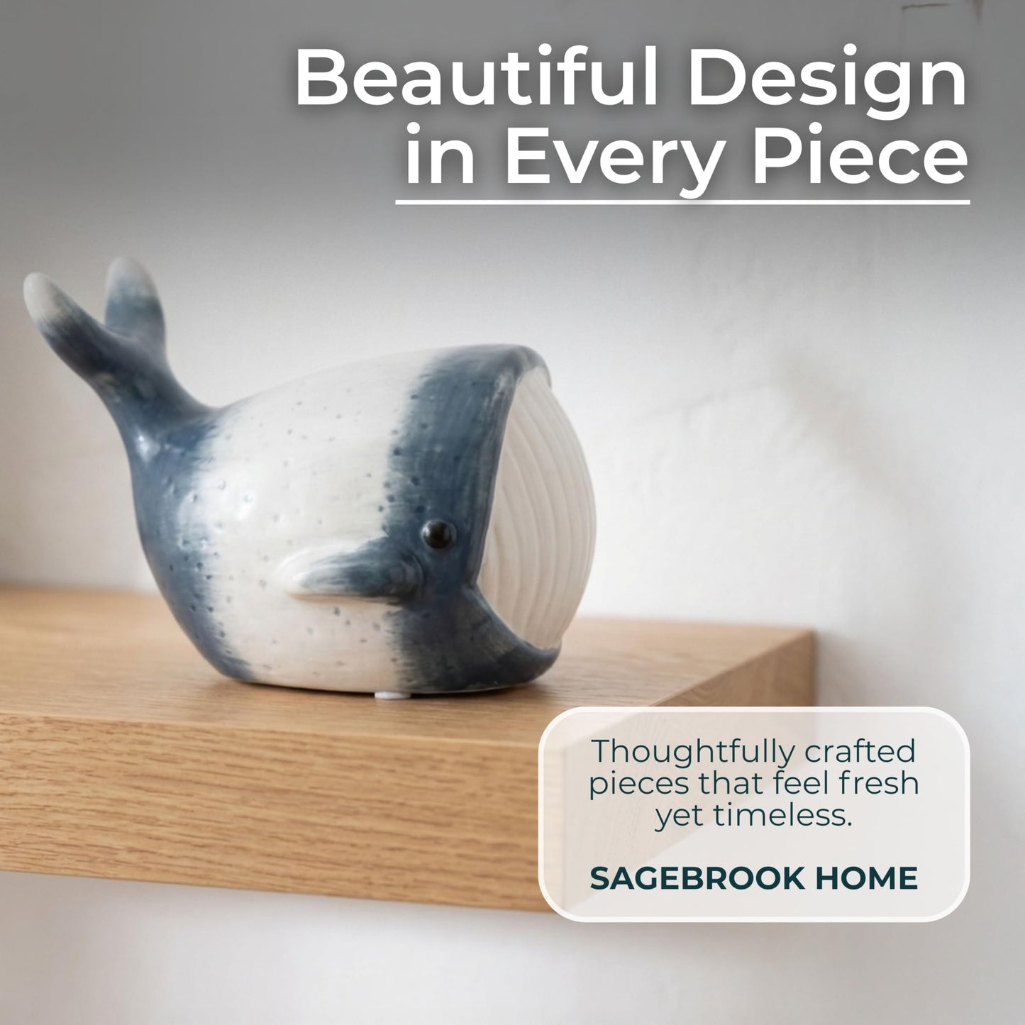Blue Whale Figurine – Coastal Stoneware Sculpture, Ocean Animal Ceramic Statue for Shelf or Coffee Table Display, Nautical Accent for Living Room or Office Home Decor – 5", Blue & White