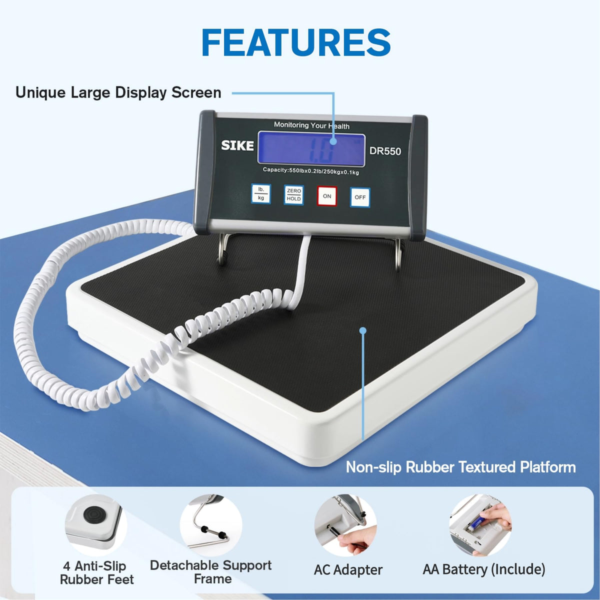 SIKE Digital Physician Scale, Medical Floor Scale for Body Weight, 550 lb Limit Professional Weight Scale, Portable Easy to Read Digital Display, Heavy Duty, Pound & KG Settings, 12.5" x 12" Platform
