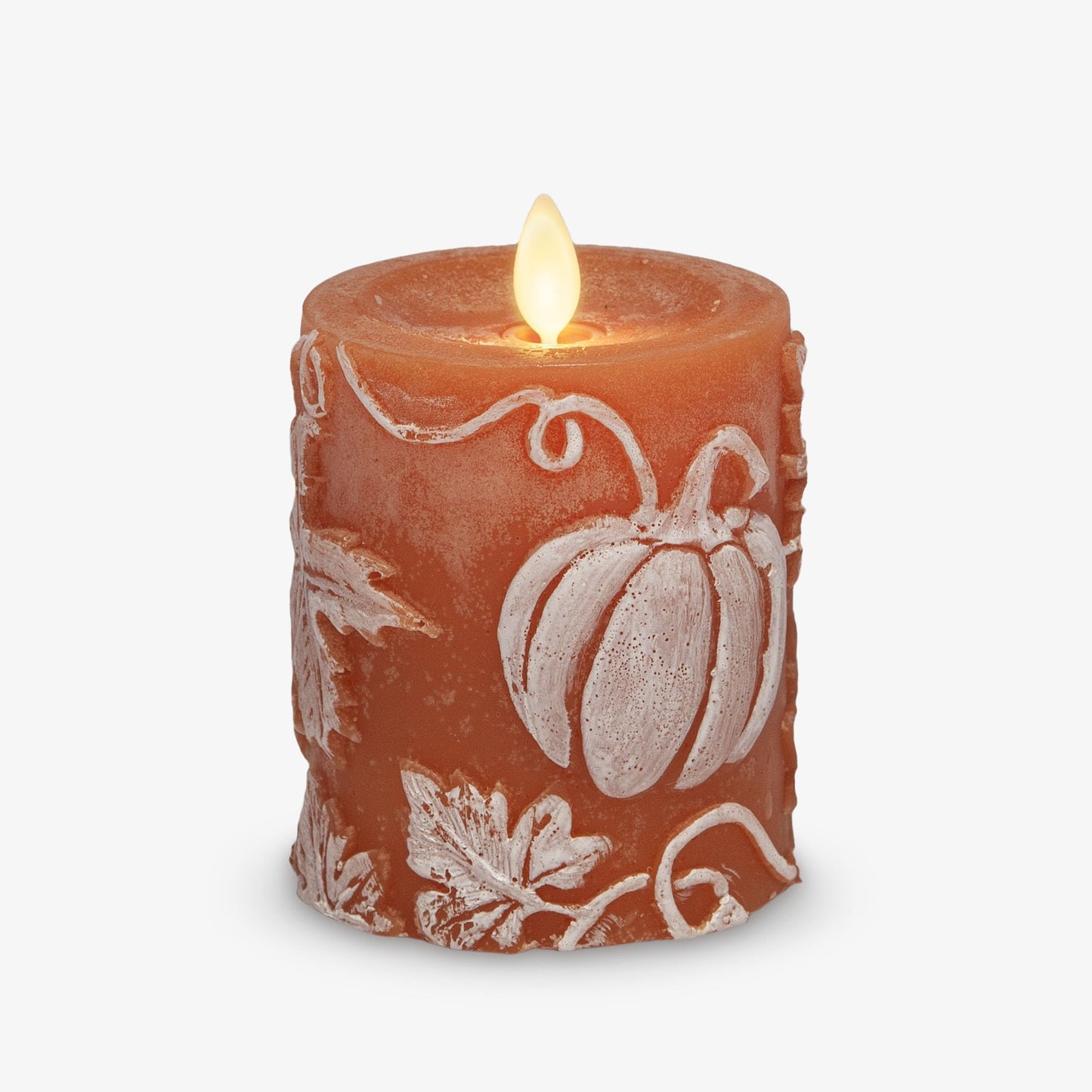 Luminara Embossed Leaves and Pumpkins Moving Flame Pillar Candle 3.25" x 4.5" with Recessed Edge Unscented Real Wax LED Battery Operated Candle Lights