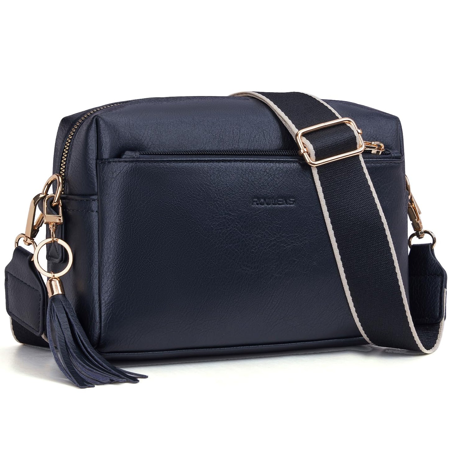 Roulens Small Crossbody Bag with 3 Zip Compartments,Vegan Leather Phone Bag for Women,Shoulder Bag with Adjustable and Removable Wide Strap