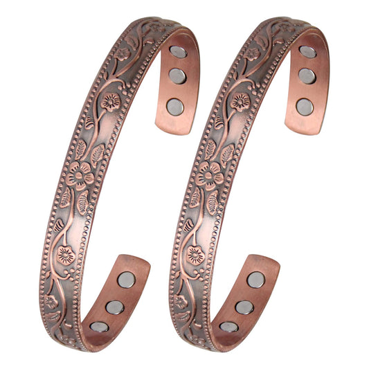 MagEnergy Copper Bracelets for Women, 99.9% Pure Copper Vintage Flower Magnetic Bangle with 3500 Gauss Magnets,6.8" Adjustable Cuff Jewelry Gift (2pcs)