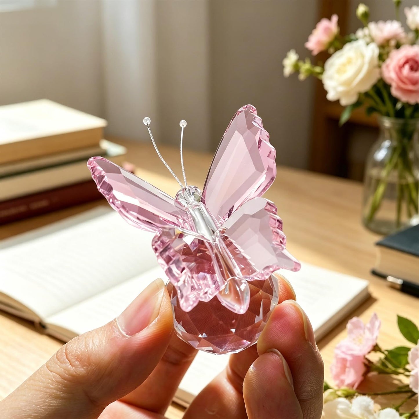 MysticGlitz Pink K9 Crystal Butterfly Figurine with Faceted Base, 2.4×1.8in Decor Paperweight Ornament, Collectible Glass Butterfly Statue, Home Decor & Gift for Women Butterfly Lovers