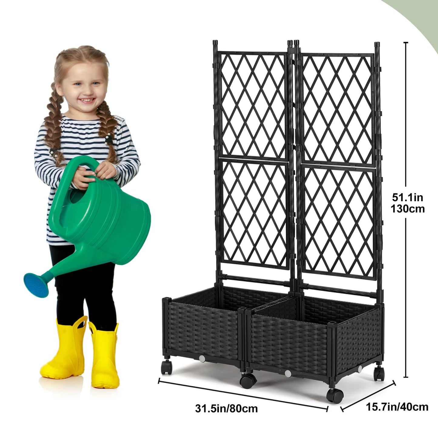 FOLLOOK Planter Box with Trellis, 4ft Tall Self-Watering Plastic Raised Garden Beds and Lattice Trellis with Lockable Wheels & Drain Plug for Outdoor Patio Backyard Balcony, Black, 2 Pcs