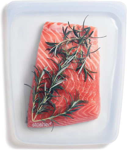Stasher Premium Silicone Reusable Food Storage Half Gallon Bag, Clear, Microwave, Sous Vide, Dishwasher, Oven and Freezer Safe, BPA Free, Leak-free, Eco-friendly, 64 Oz