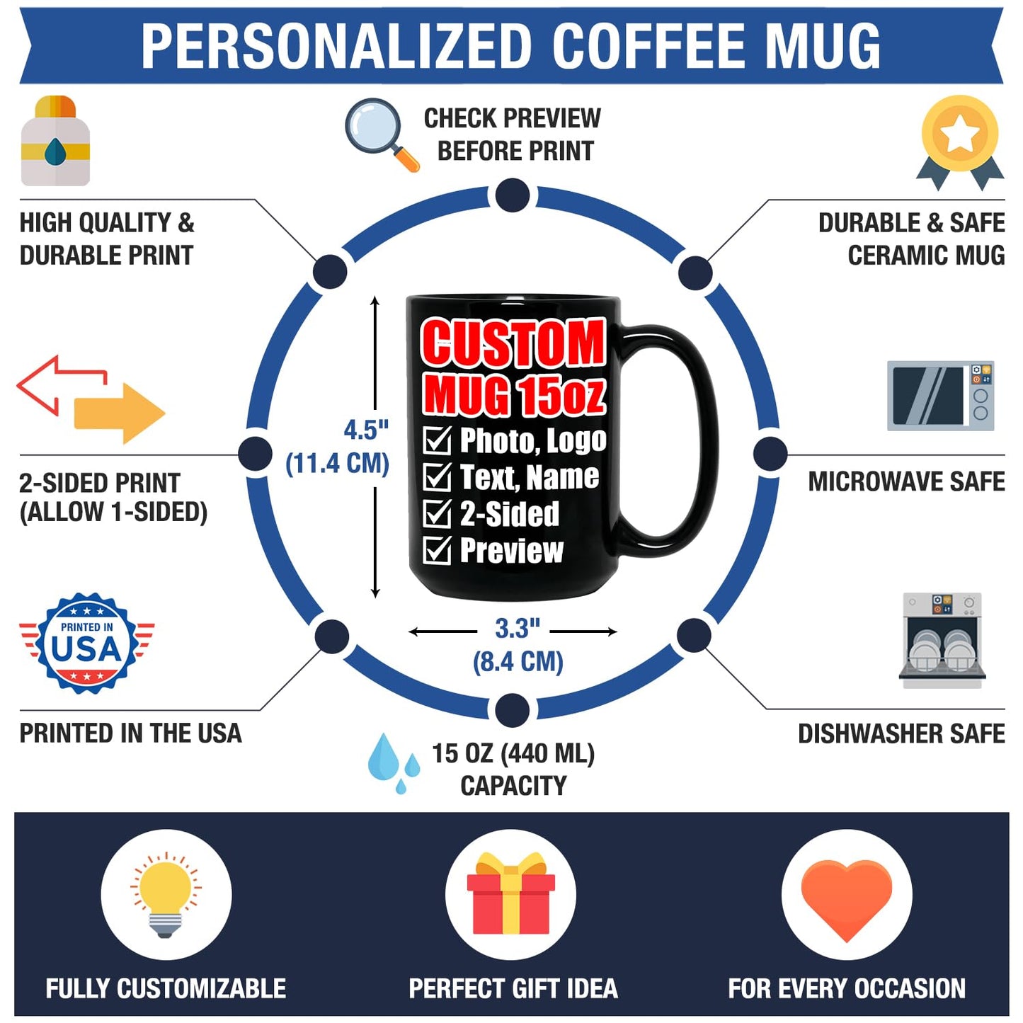 Personalized Coffee Mug - Custom Mugs with Picture Text - Customized Photo Name Logo Ceramic Cup - Birthday Anniversary Christmas Xmas Gifts - for Women Men Mom Dad Him Her Family Friend (15oz Black)