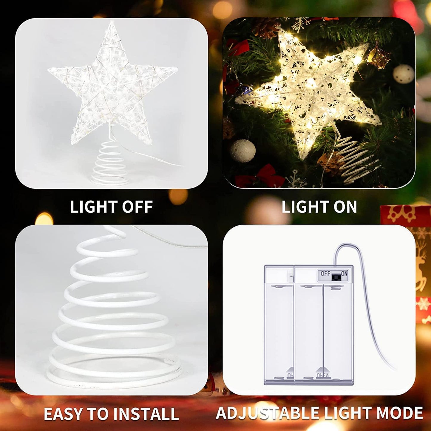 Christmas Tree Topper 20 LED Lights Star Two Modes：Solid and Blinking Christmas Decoration Christmas Tree Ornaments for 3-10 Feet Christmas Tree
