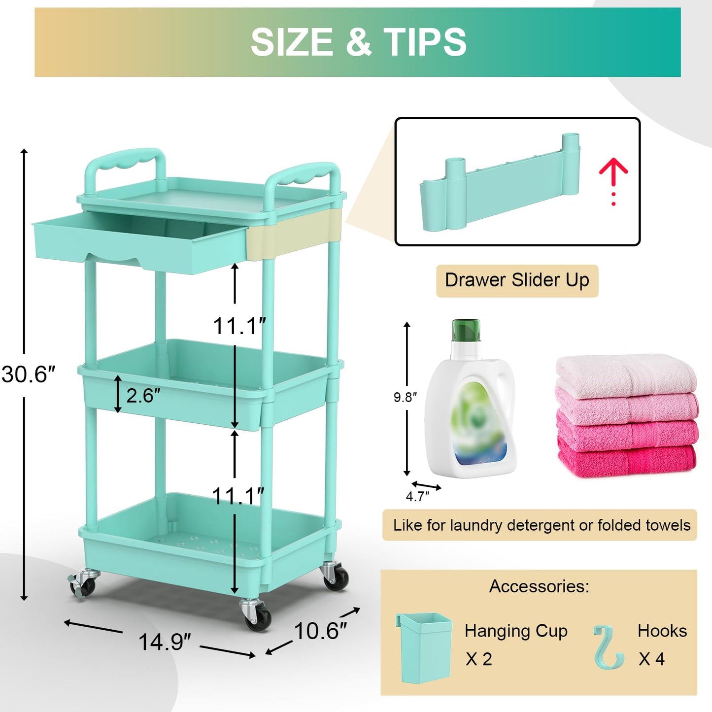 Goovilla 3 Tier Rolling Utility Cart Organizer with Removable Drawer, Stable and Sturdy Black Rolling Storage Carts with 2 Lockable Wheels for Bathroom, Kitchen, Snack, Craft, Makeup, Baby Essentials