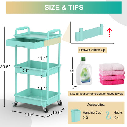 Goovilla 3 Tier Rolling Utility Cart Organizer with Removable Drawer, Stable and Sturdy Black Rolling Storage Carts with 2 Lockable Wheels for Bathroom, Kitchen, Snack, Craft, Makeup, Baby Essentials