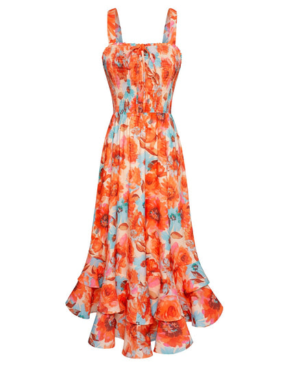 GRACE KARIN Women's 2025 Summer Floral Boho Dress Square Neck Strapped Swing A Line Sundress Beach Long Maxi Outfits