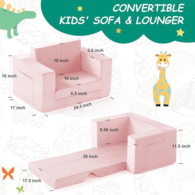 Kids Couch, 2-in-1 Toddler Chair Comfy 1-3 Years, Convertible Kids Chair