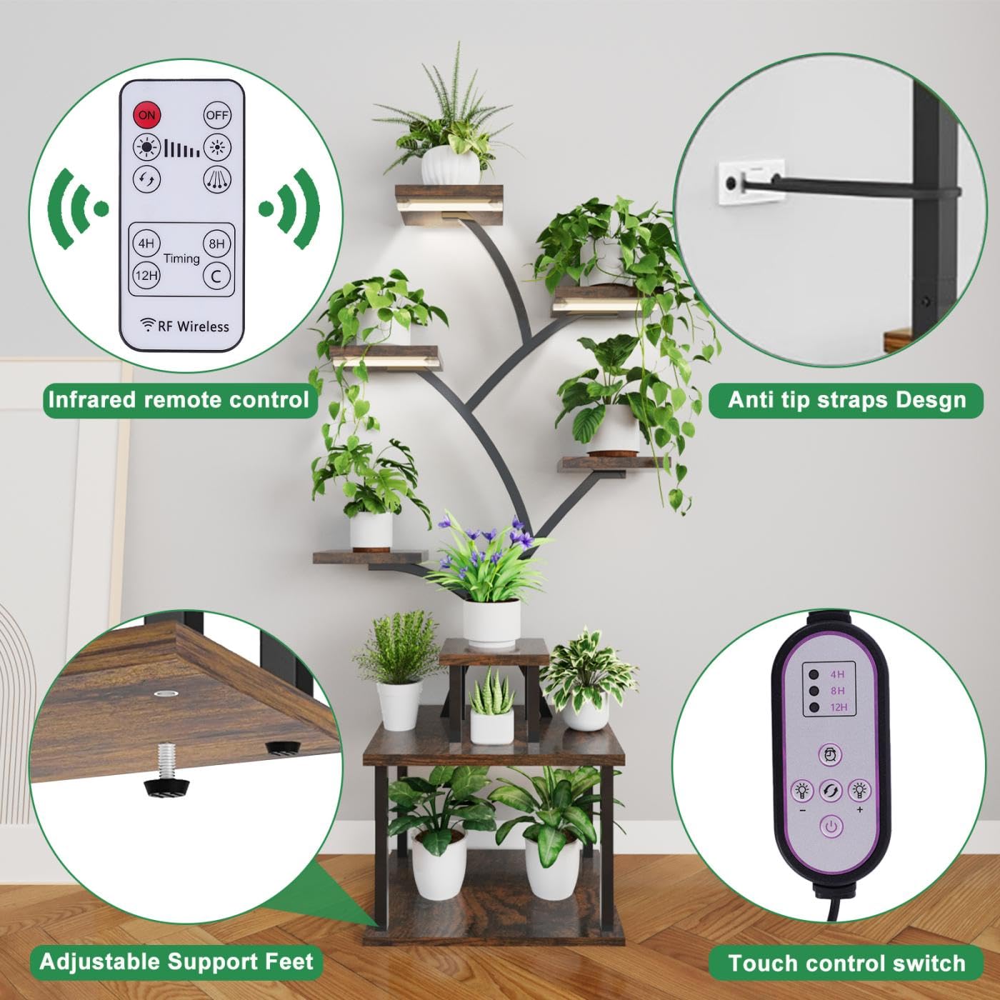 lilarofu Plant Stand Indoor with Grow Lights - 8 Tiered Tall Indoor Plant Display Shelf, 61" Corner Indoor Plants Rack, Metal Plant Flower Holder for Living Room, Patio, Balcony (Black)