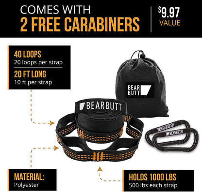Bear Butt Kodiak Hammock Straps For Trees - 20 Feet Long Hammock Tree Straps - 40 Combined Loops - Holds 1000 Pounds - Camping Hammock Straps - Hammock Tree Straps With Carabiner - Hammock Accessories