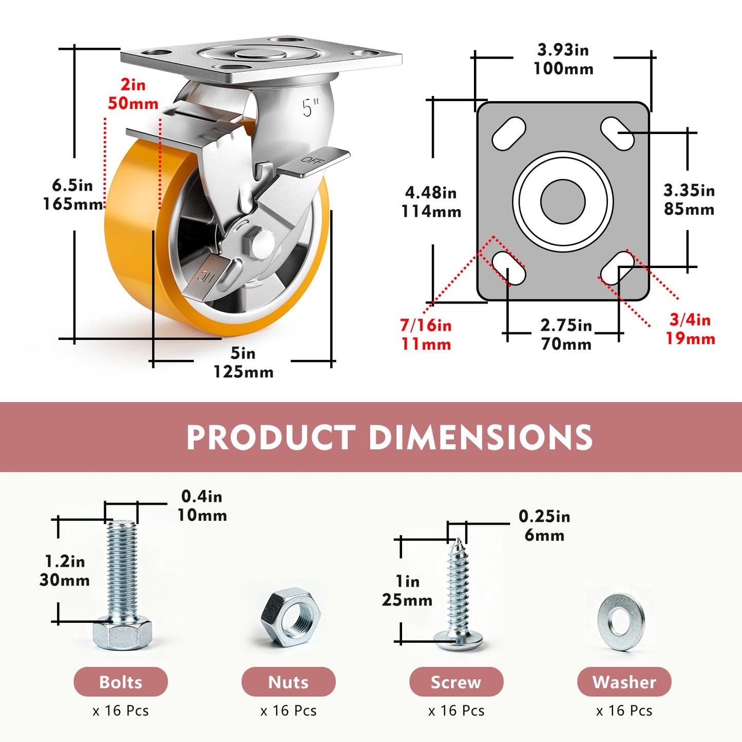 ANDUTEES 5 Inch Heavy Duty Casters Set of 4, Industrial Locking Casters 5000lbs Load Capacity, Plate Swivel Castor Wheels for Heavy Duty Carts, Workbench, Equipment, Platform Truck (Orange)