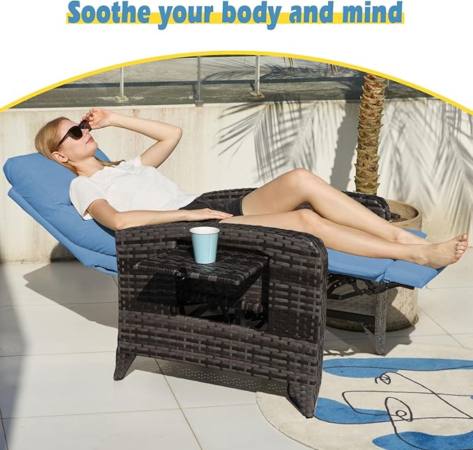 Outdoor Recliner Chairs Set of 2, Reclining Patio Chairs with Adjustable Back up to 150°Lay Flat and Extended Footrest, Wicker Recliner Chairs with Flip Table and Removable Olefin Cushion