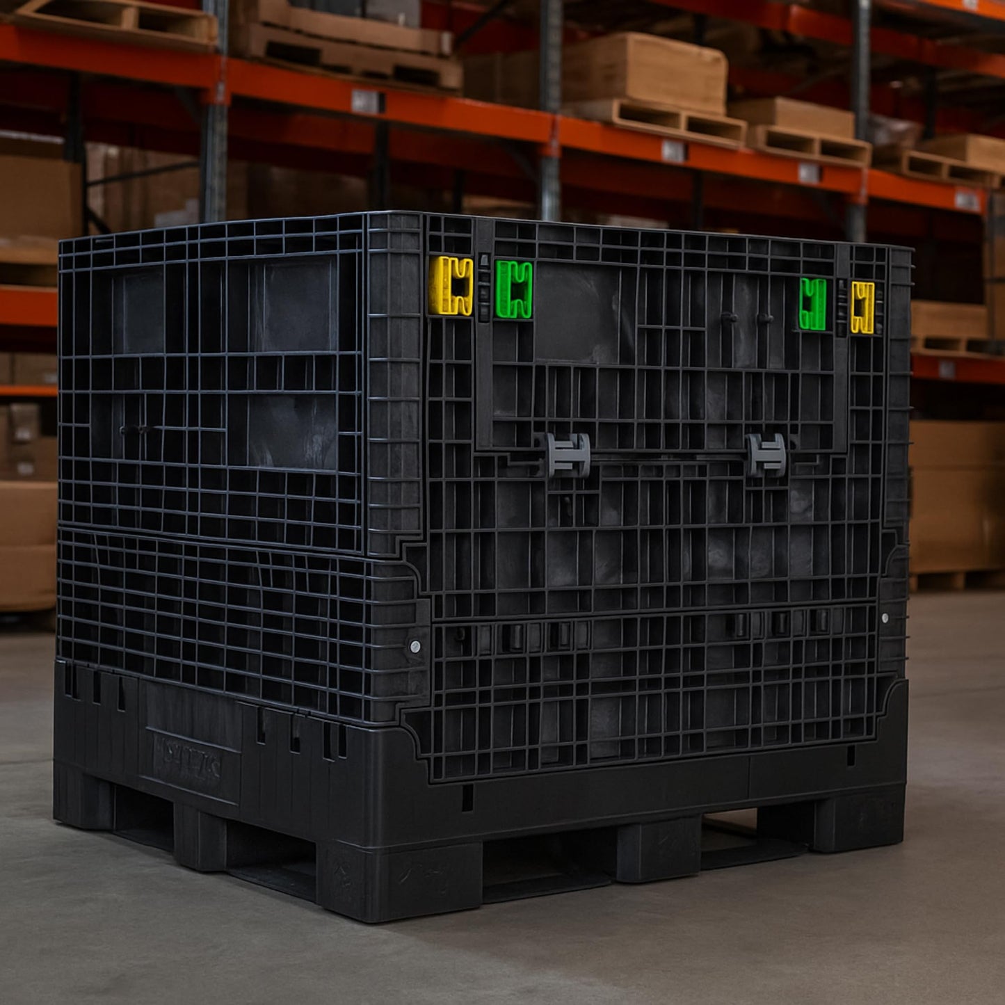 Buckhorn 48" x 45" x 41" Collapsible Bulk Box Container, Extra-Duty Plastic Stacking Gaylord Box with 4-Way Forklift Access and 2 Drop Doors, 1700 lb Capacity Storage Tote, Black (BR48454120)