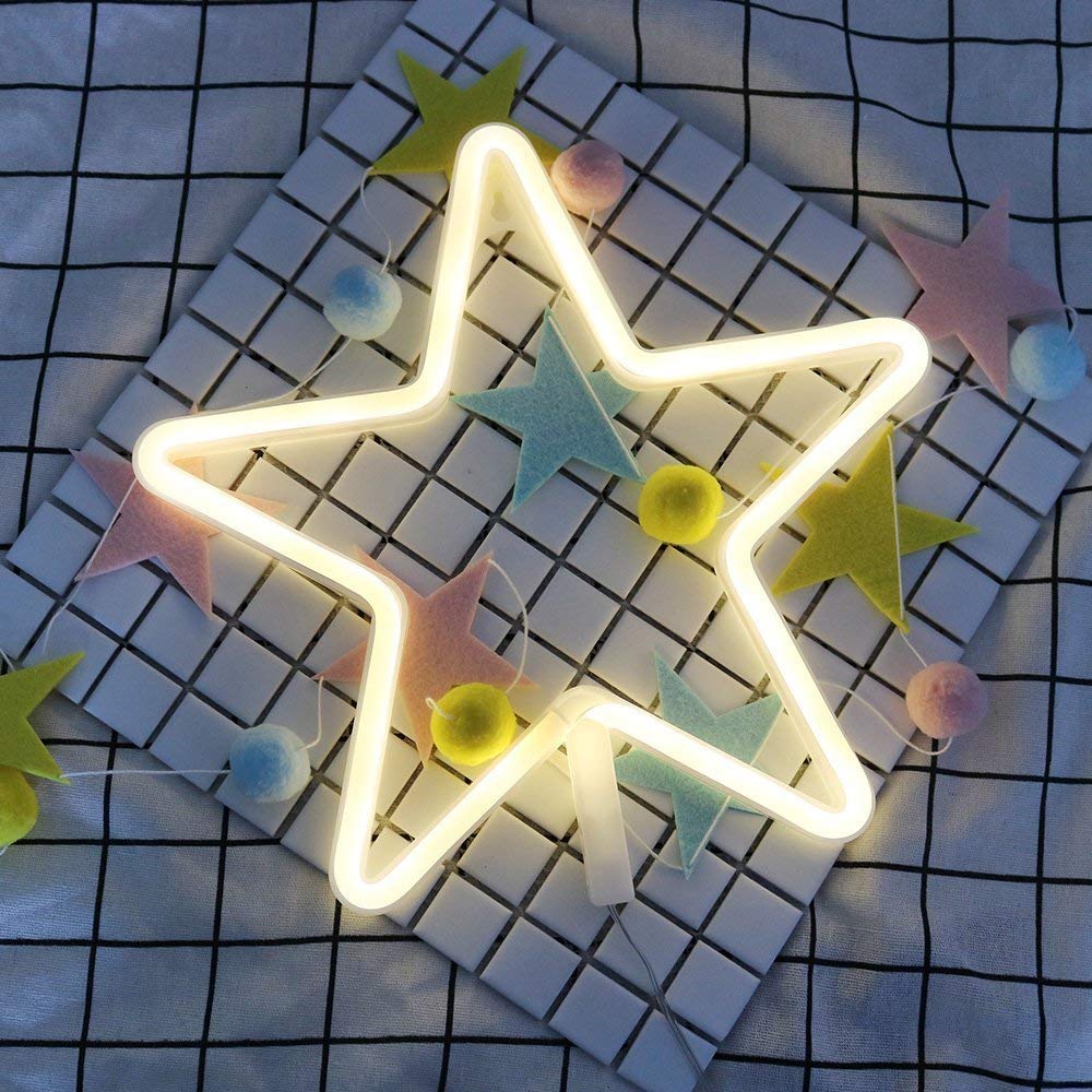 ENUOLI LED Neon Sign Star Neon Lights Warm White Neon Wall Light Star Night Light LED Lights Wall Decoration Art for Girls Bedroom Living Room Christmas Party as Kids Gift