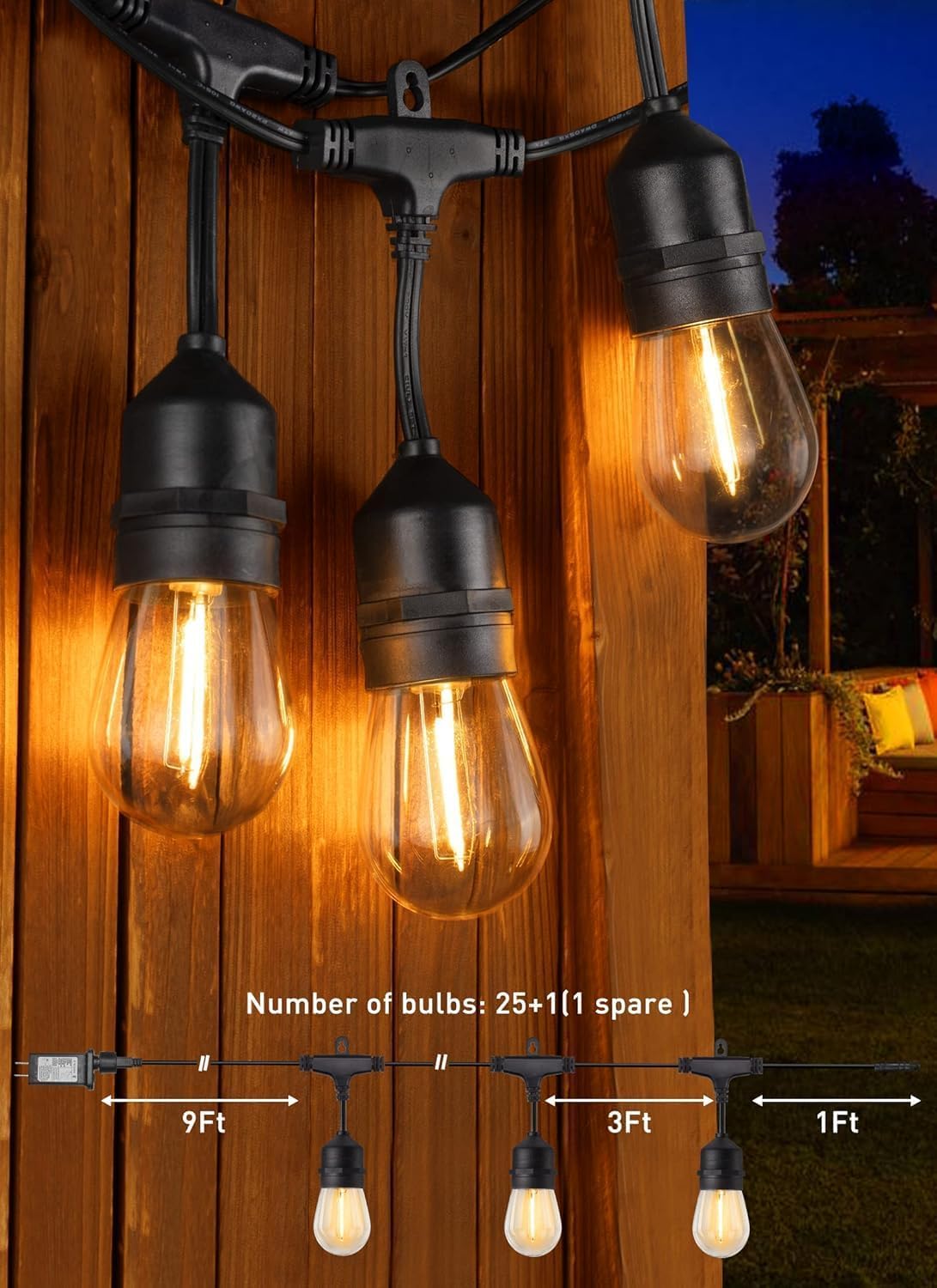 Brightown Outdoor String Lights, 82FT 25 Bulbs Shatterproof Patio Lights with Remote, IP65 Waterproof Dimmable Hanging Connectable LED Outdoor Lights for Backyard, Bistro, Porch, Deck, Balcony