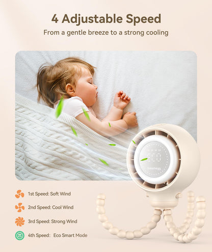 Dreamegg Portable Stroller Fan - 4000mAh Rechargeable Baby Stroller Fan With LED Display, Night Light, Hidden Blade, Detachable 4 Speed 360°Rotate, Handheld Cooling for Crib,Travel, Car Seat, Bedroom