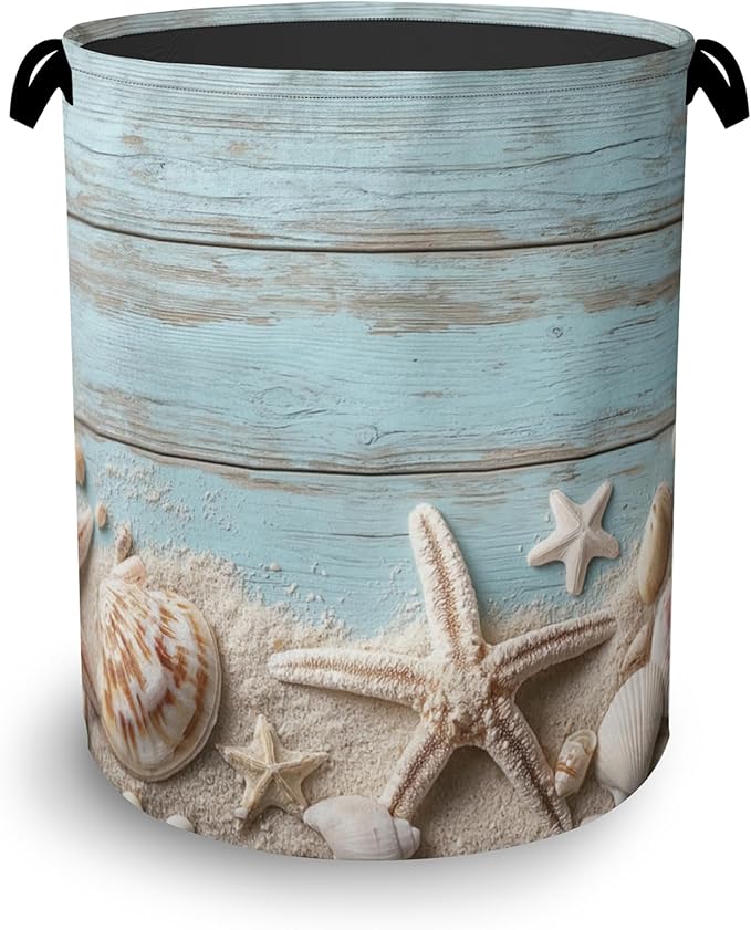Starfish Seashell Laundry Basket, Vintage Wooden Oxford Cloth Laundry Hamper
