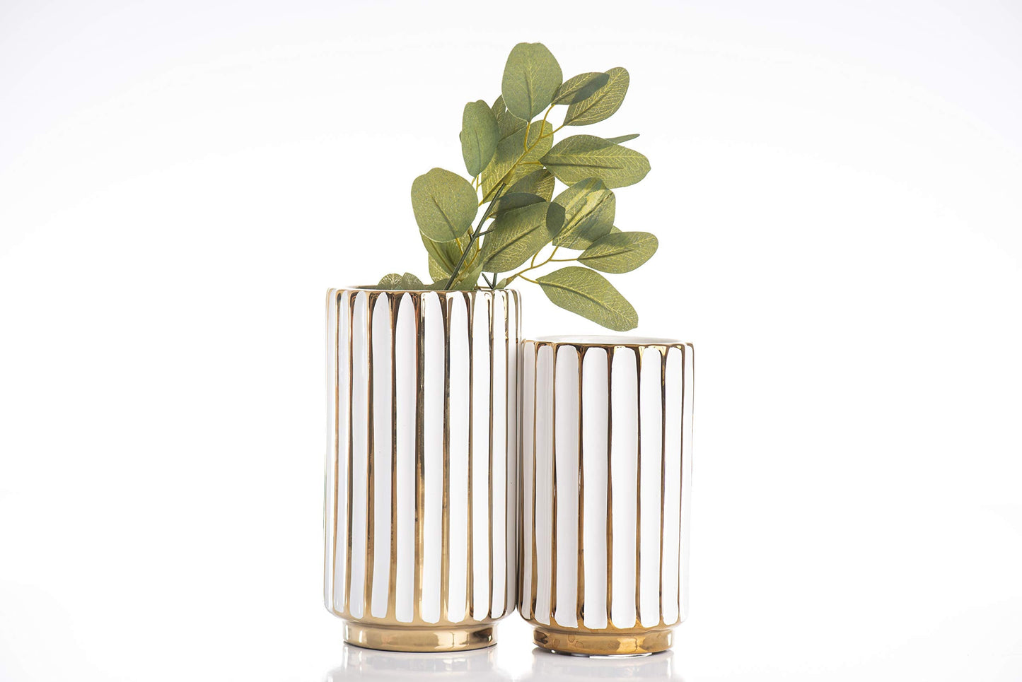 jupriverco White & Gold Vase-Elegant Home Decor-Flower Vase-Kitchen Centerpiece-Geometric Ridges-Beveled Bottom-Modern/Contemporary Design - Wedding Table Accent - Boho Pottery - Gold- H-8.27" D-4.74"